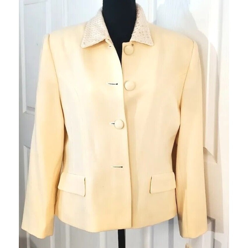 NWT Lord & Taylor Womens Ivory 100% Wool  Blazer Sequin Collar Jacket 14 Petite